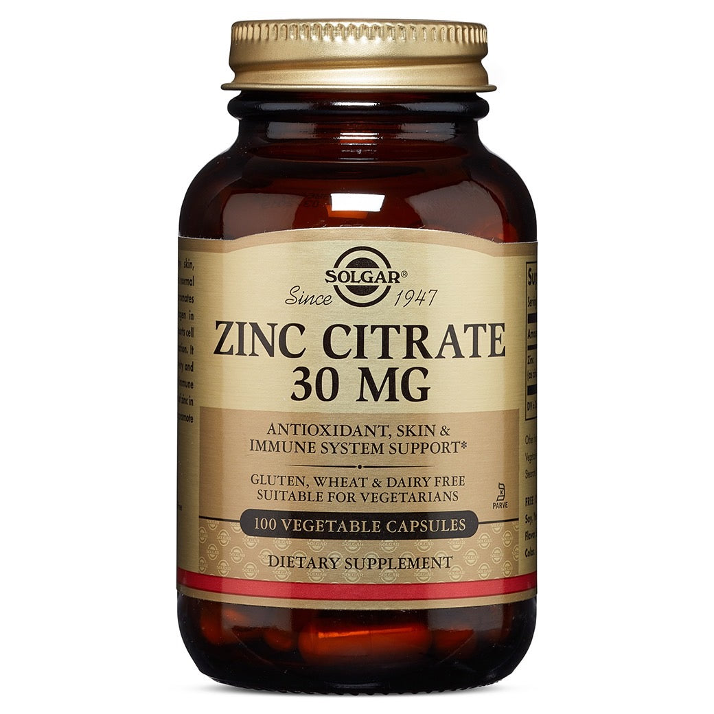 Solgar, Zinc Citrate 30 mg, 100 Vegetable Capsules UPC 033984036703 | HiLife Vitamins
